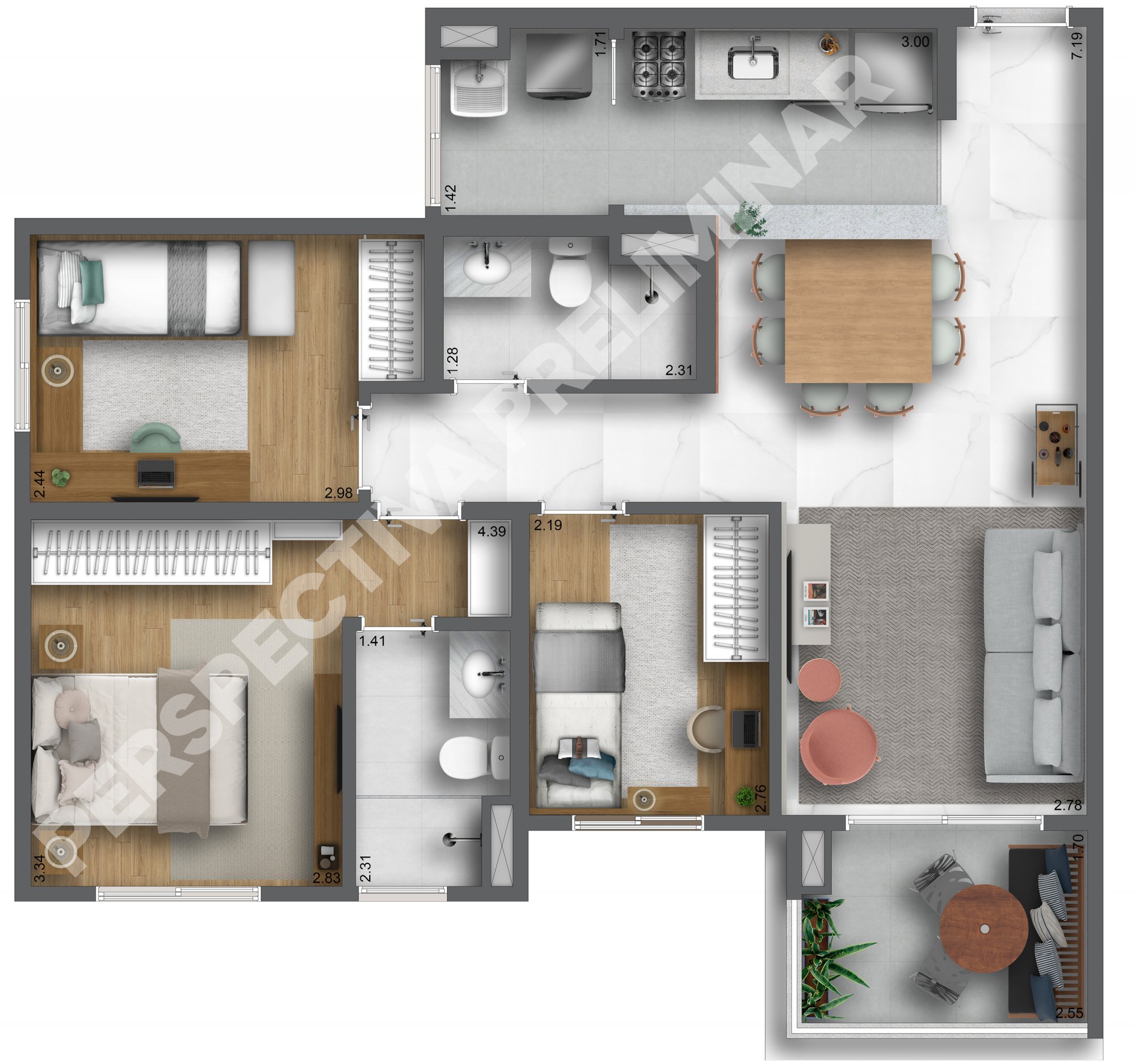 Planta 3 dormitórios